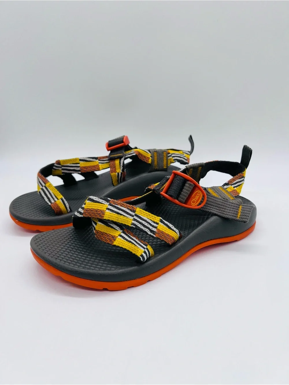 Chaco Kids Z1 Ecotread Sandals in Black, Orange, Yellow Checkerboard Size 3